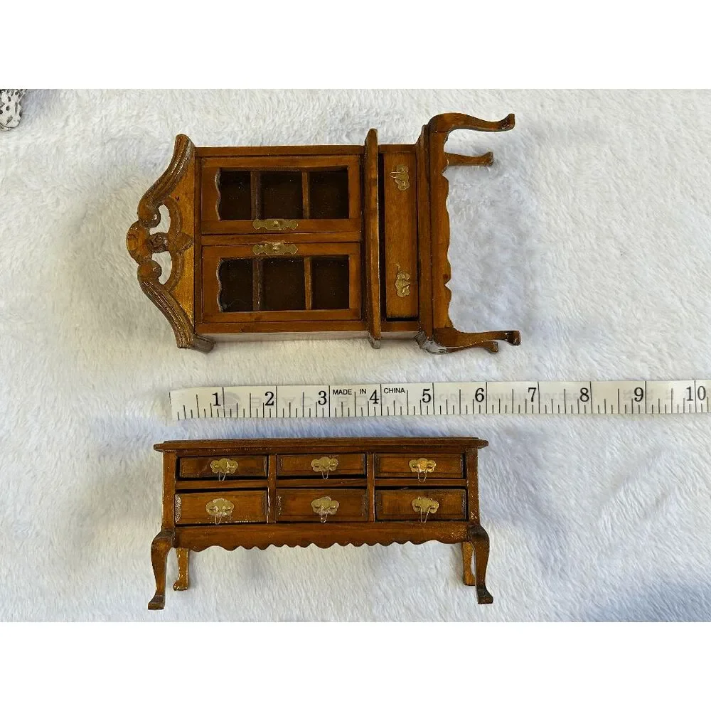 Miniature Doll House Furniture Lot, Wooden Pieces, Cloth Chairs, Vintage